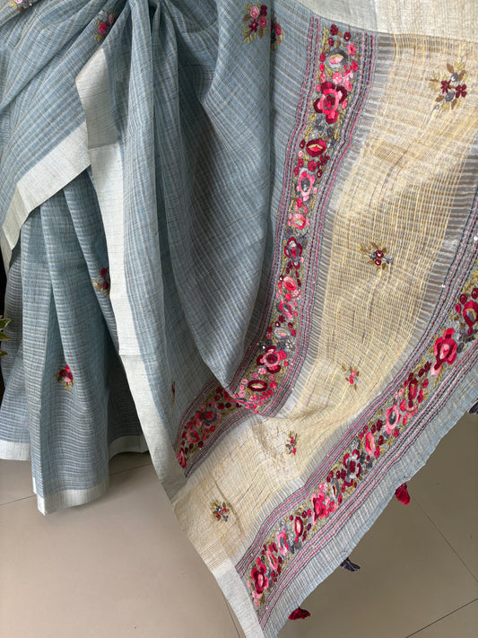 Hand embroidery ( Parsi work) on Kota tissue silk saree