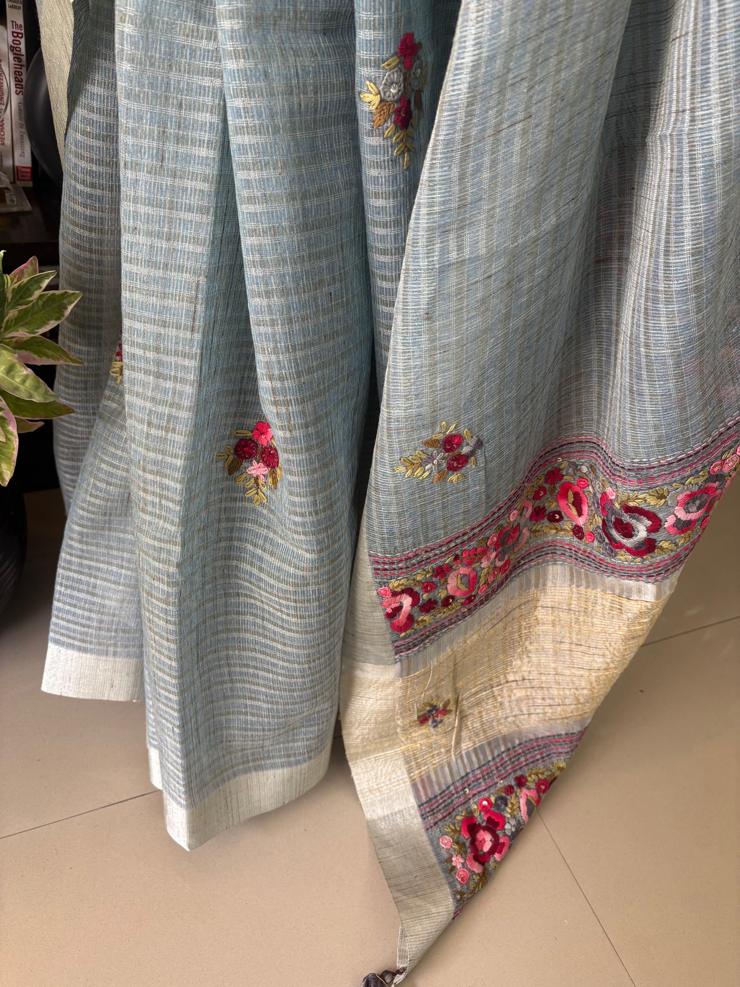 Hand embroidery ( Parsi work) on Kota tissue silk saree