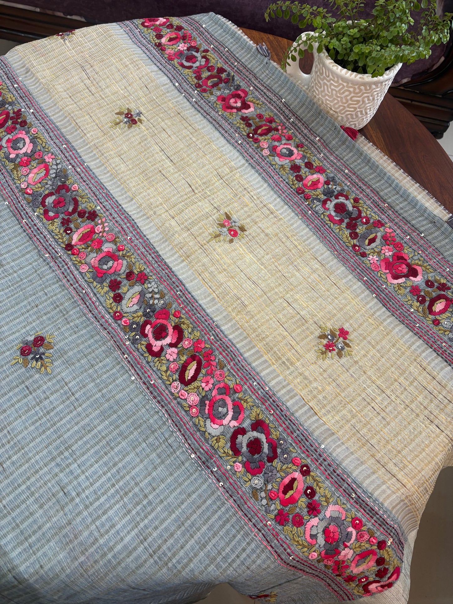 Hand embroidery ( Parsi work) on Kota tissue silk saree