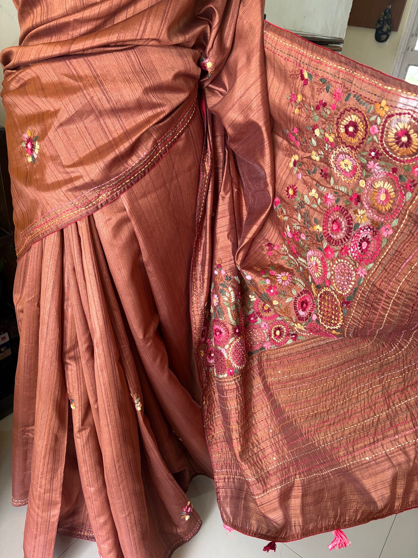 Hand embroidery on Semi Raw silk
