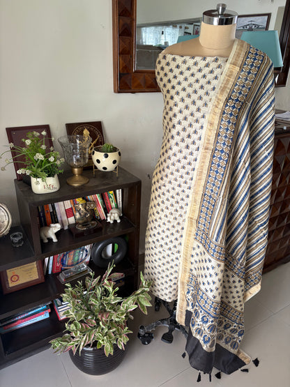 Ajrakh Handblock printed Maheshwari silk cotton top and dupatta set