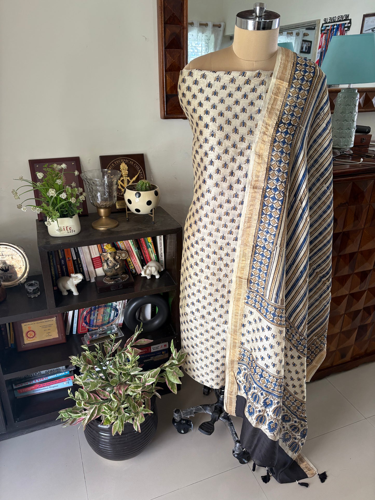 Ajrakh Handblock printed Maheshwari silk cotton top and dupatta set