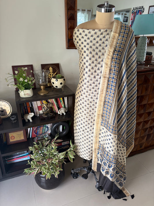 Ajrakh Handblock printed Maheshwari silk cotton top and dupatta set