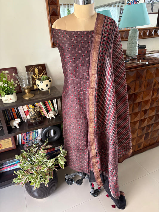 Ajrakh Handblock printed Maheshwari silk top and dupatta set