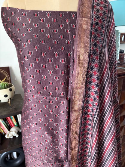 Ajrakh Handblock printed Maheshwari silk top and dupatta set