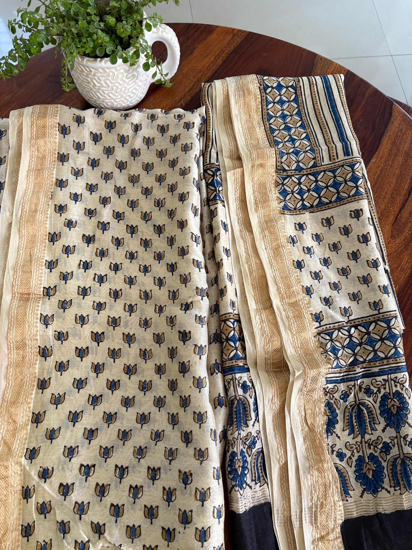 Ajrakh Handblock printed Maheshwari silk cotton top and dupatta set