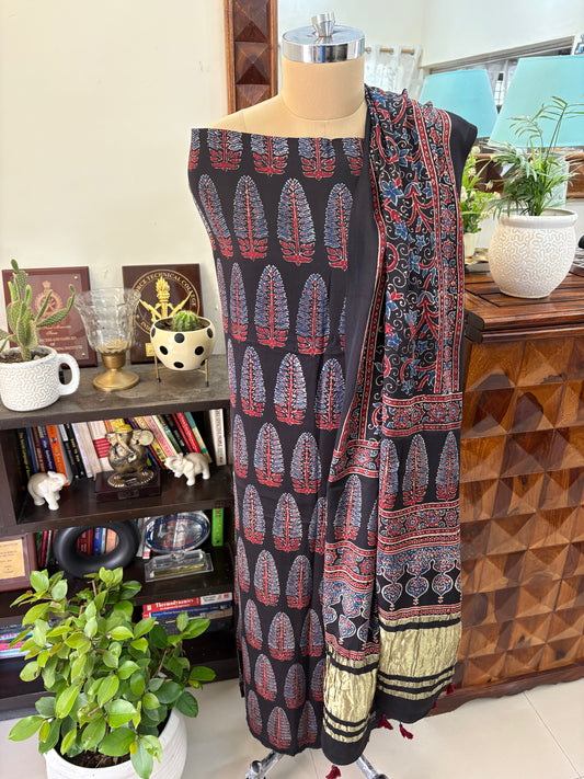 Ajrakh modal silk top and lagdi dupatta set