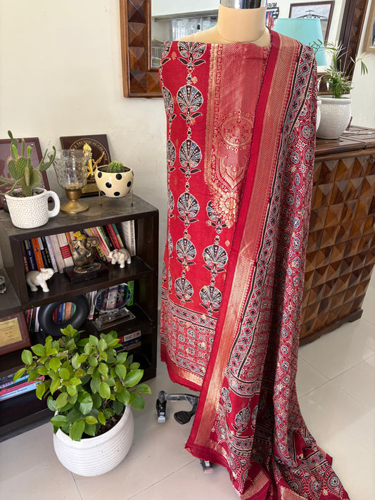 Ajrakh Dola silk top and dupatta set