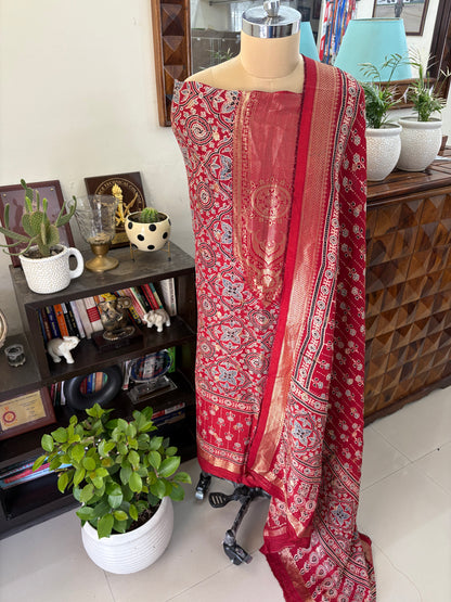 Ajrakh Dola silk top and dupatta set