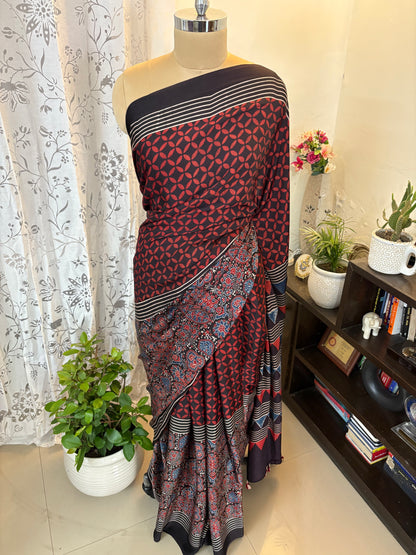 Ajrakh handblock modal silk saree