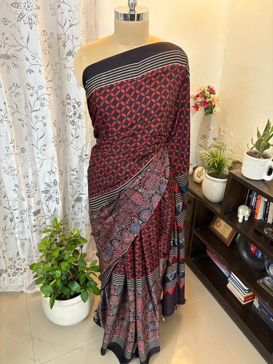 Ajrakh handblock modal silk saree
