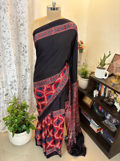 Ajrakh handblock modal silk saree