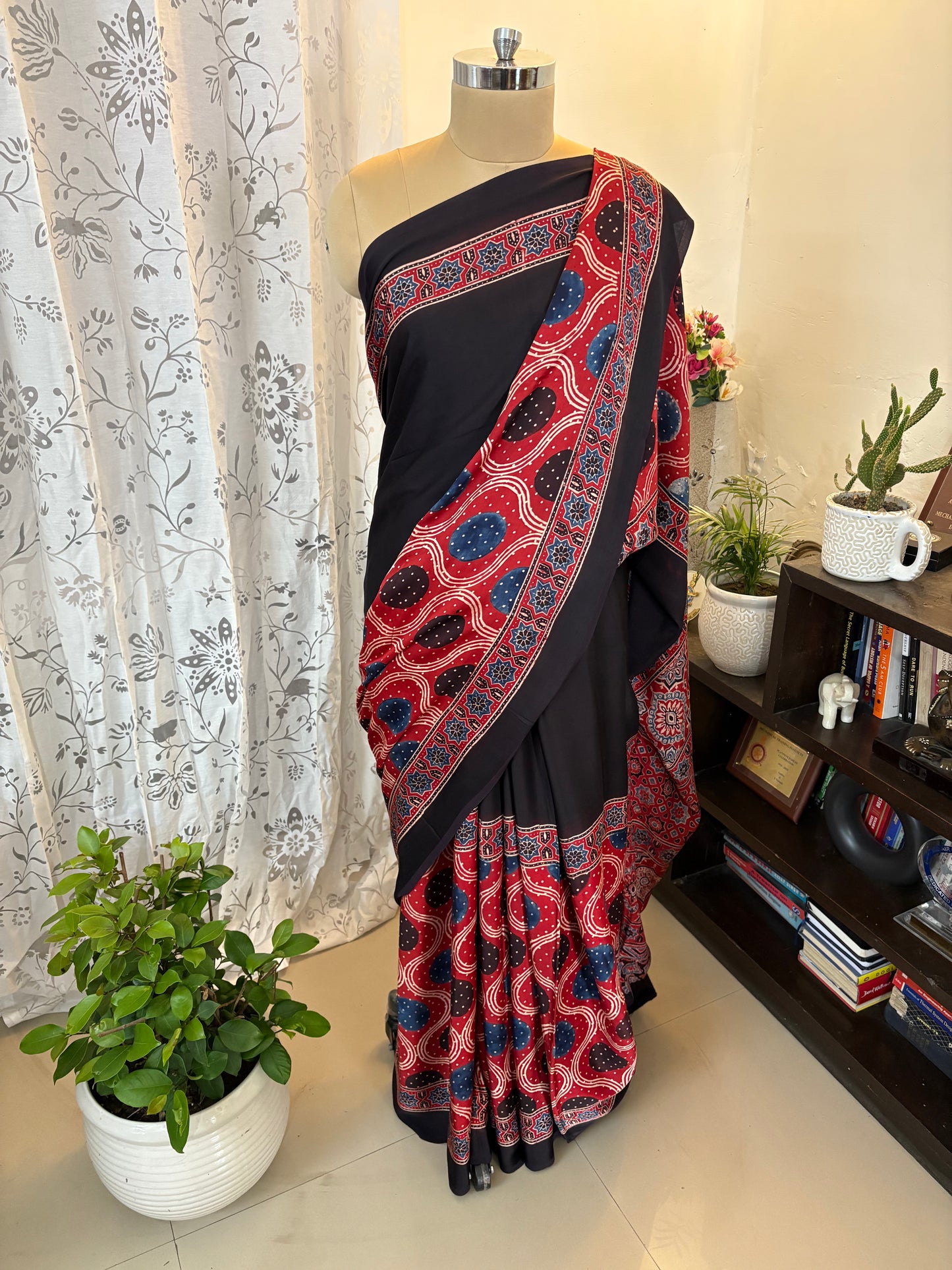 Ajrakh handblock modal silk saree