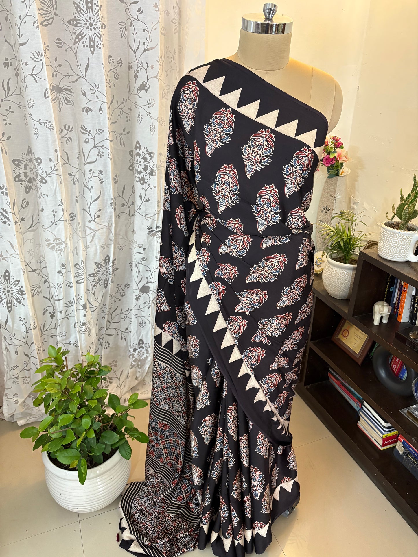 Ajrakh handblock modal silk saree