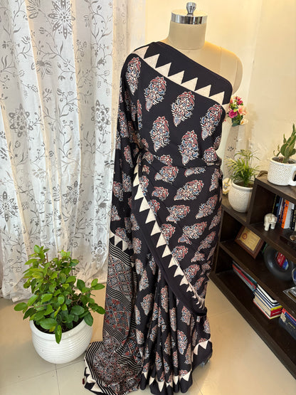 Ajrakh handblock modal silk saree