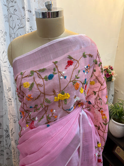 Hand embroidery on linen tissue silk saree