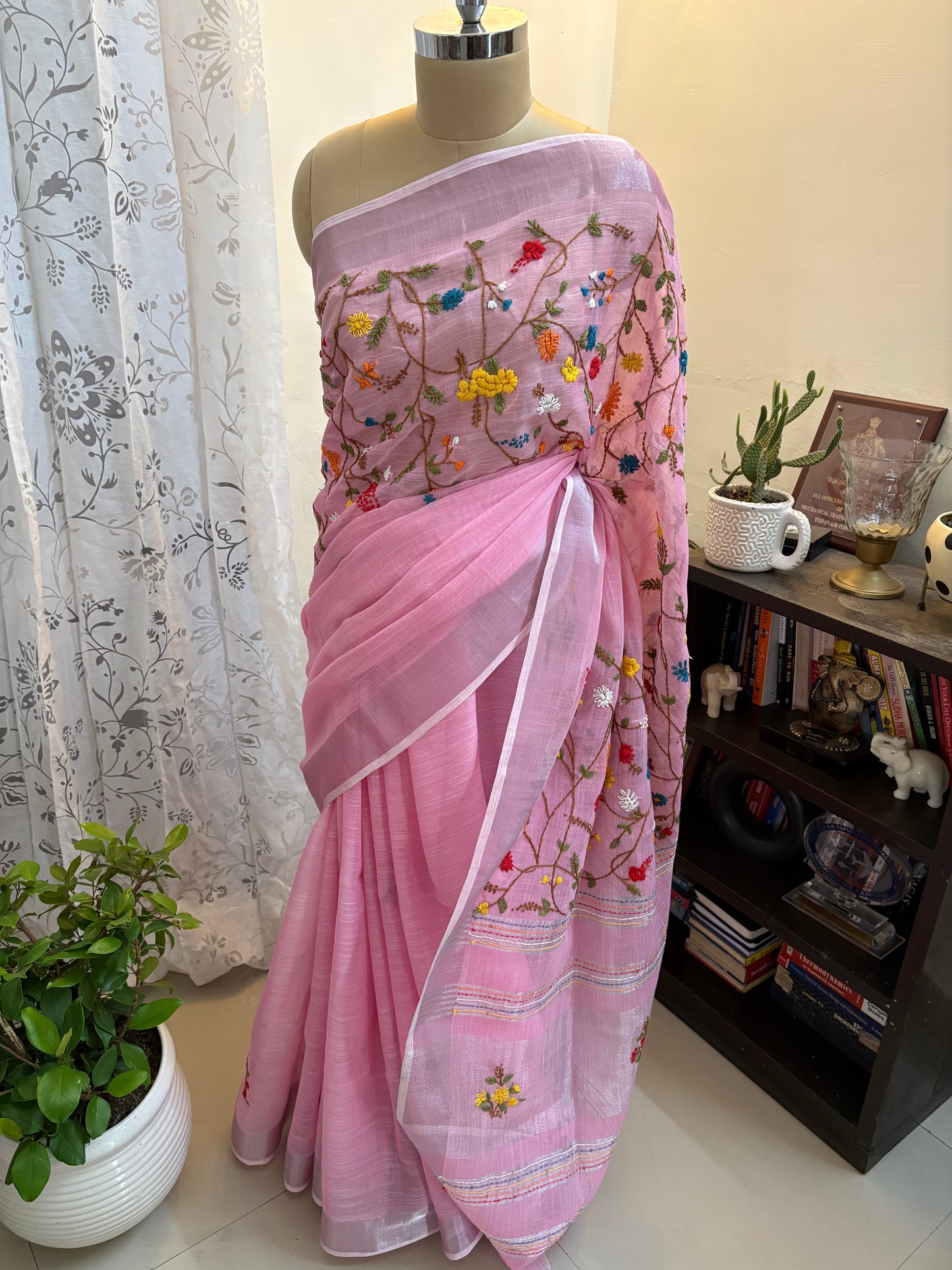 Hand embroidery on linen tissue silk saree