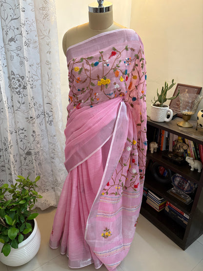 Hand embroidery on linen tissue silk saree