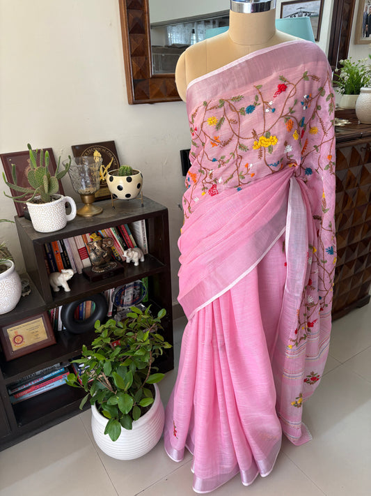Hand embroidery on linen tissue silk saree