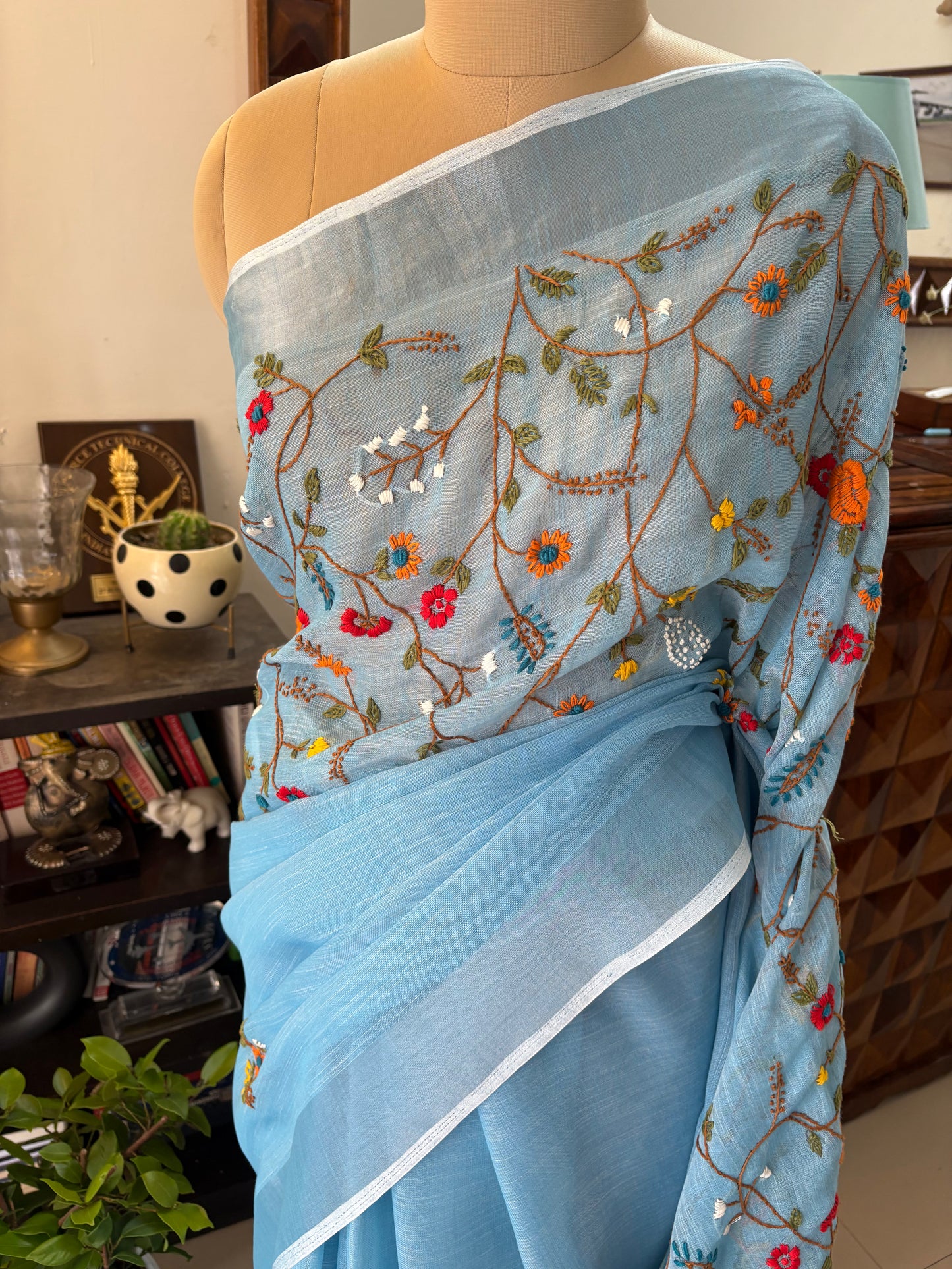 Hand Embroidery on linen tissue silk saree