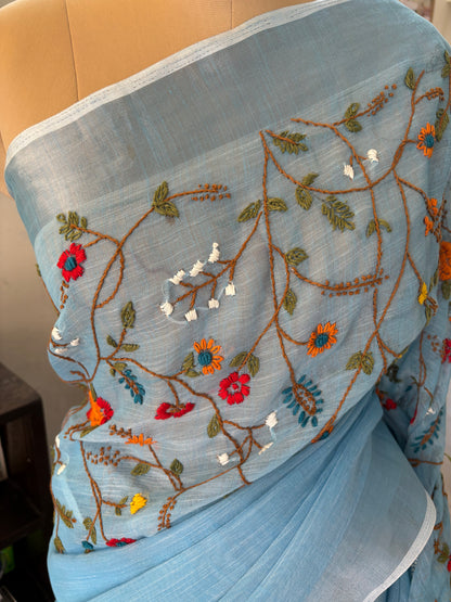 Hand Embroidery on linen tissue silk saree