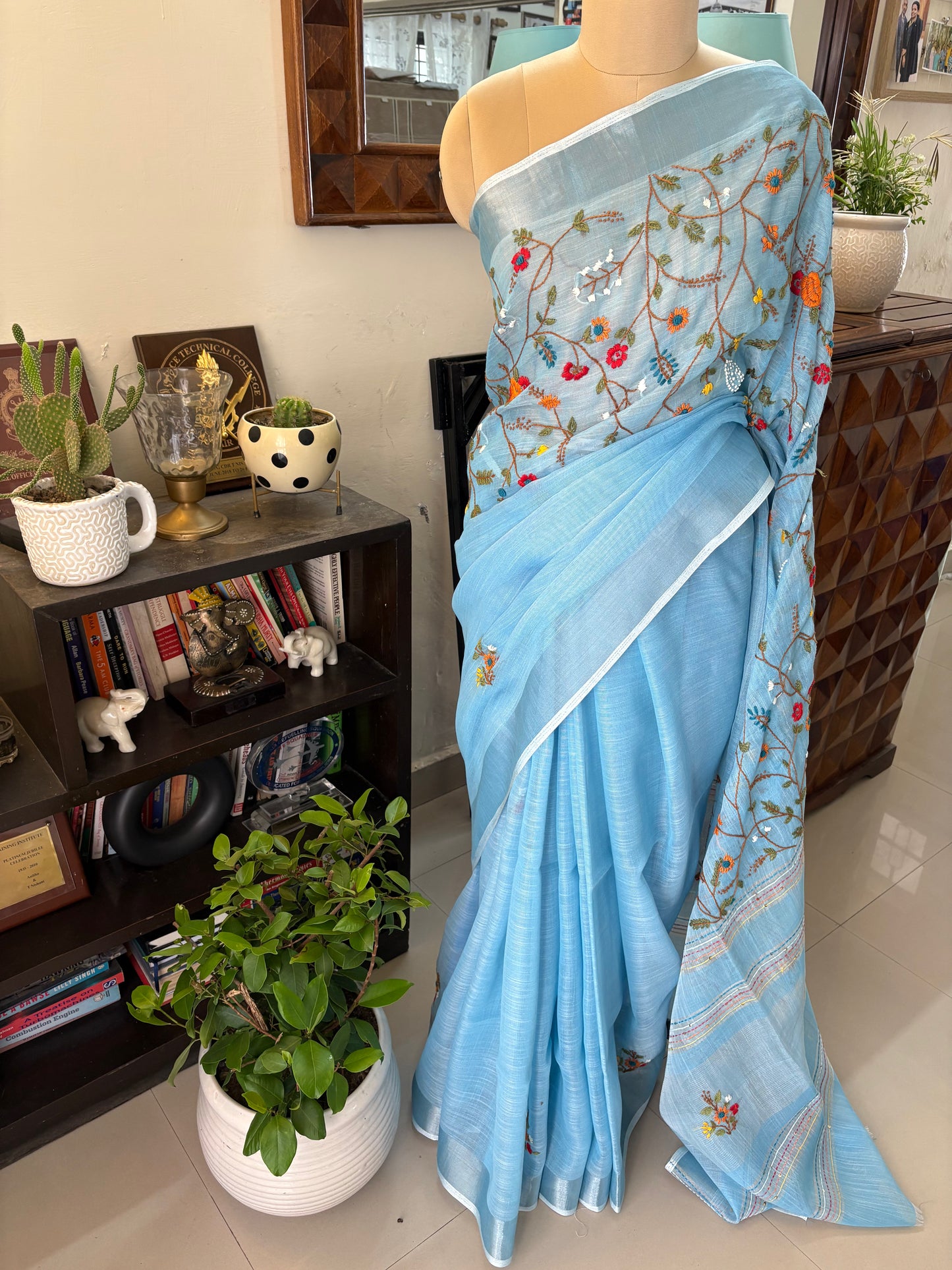 Hand Embroidery on linen tissue silk saree