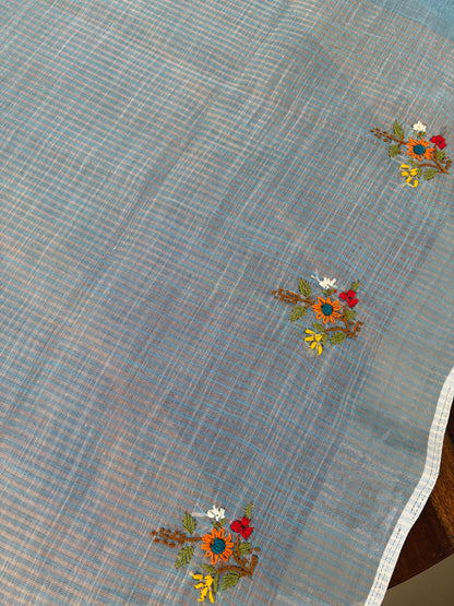 Hand Embroidery on linen tissue silk saree