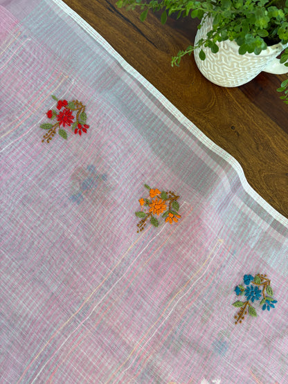 Hand embroidery on linen tissue silk saree