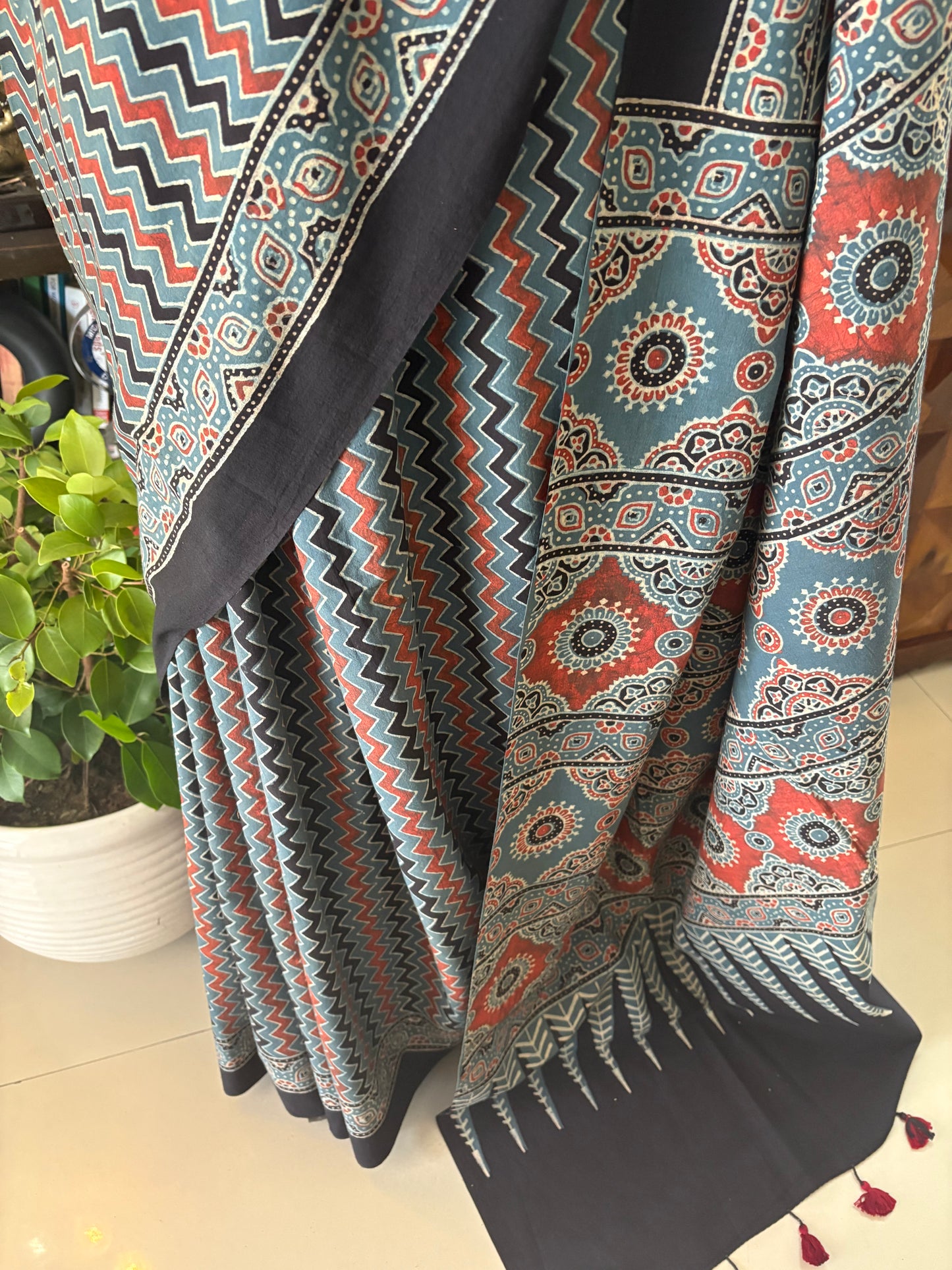 Ajrakh handblock printed cotton saree
