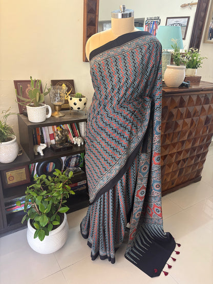 Ajrakh handblock printed cotton saree