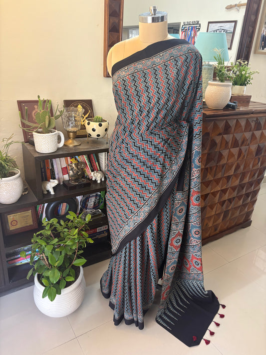 Ajrakh handblock printed cotton saree
