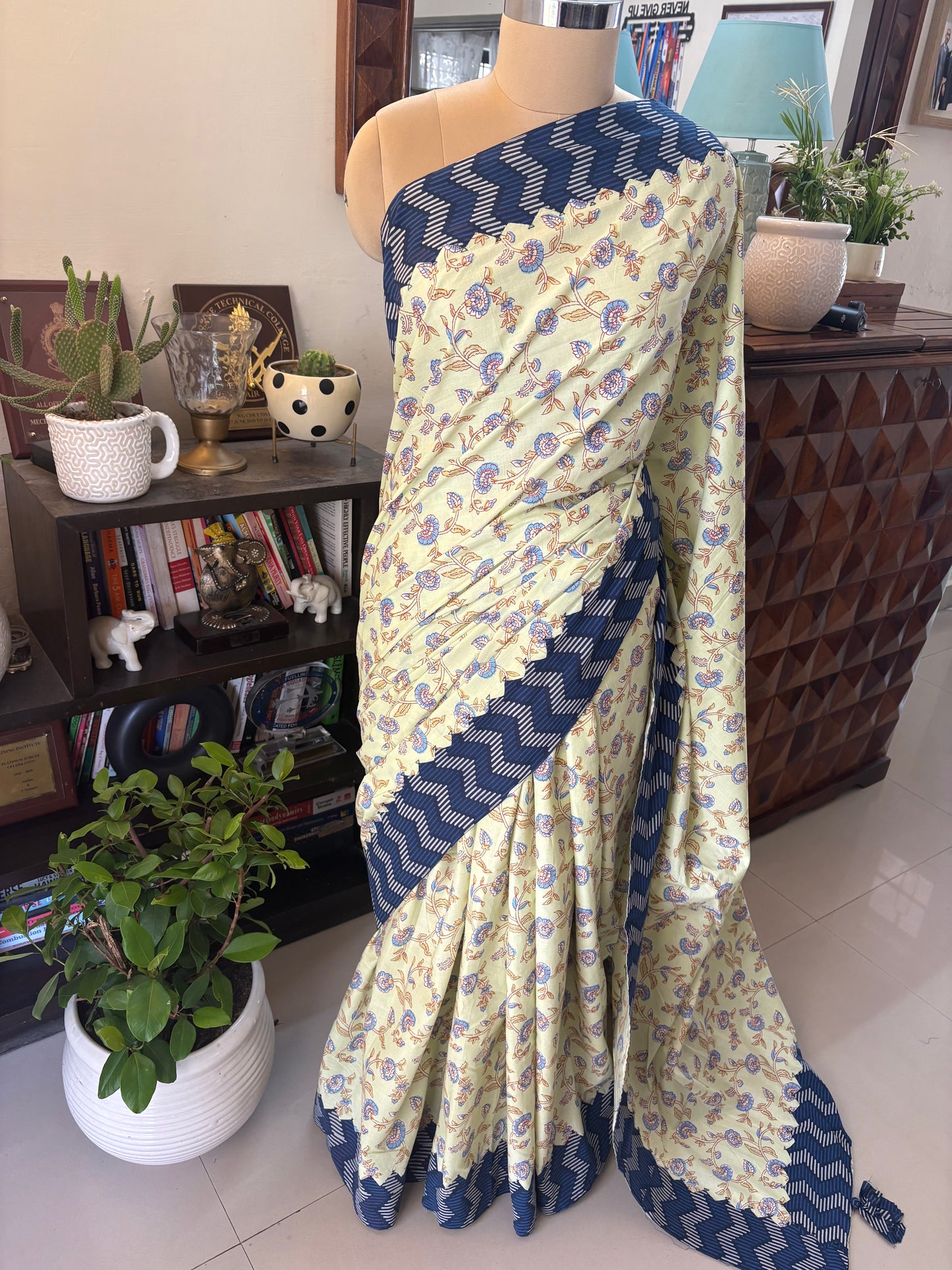 Ajrakh handblock printed patchwork cotton saree