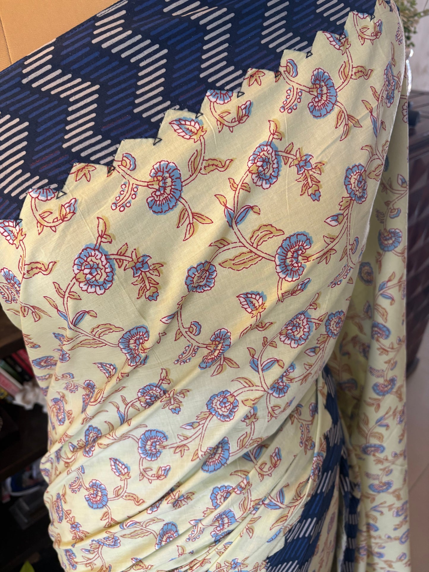 Ajrakh handblock printed patchwork cotton saree