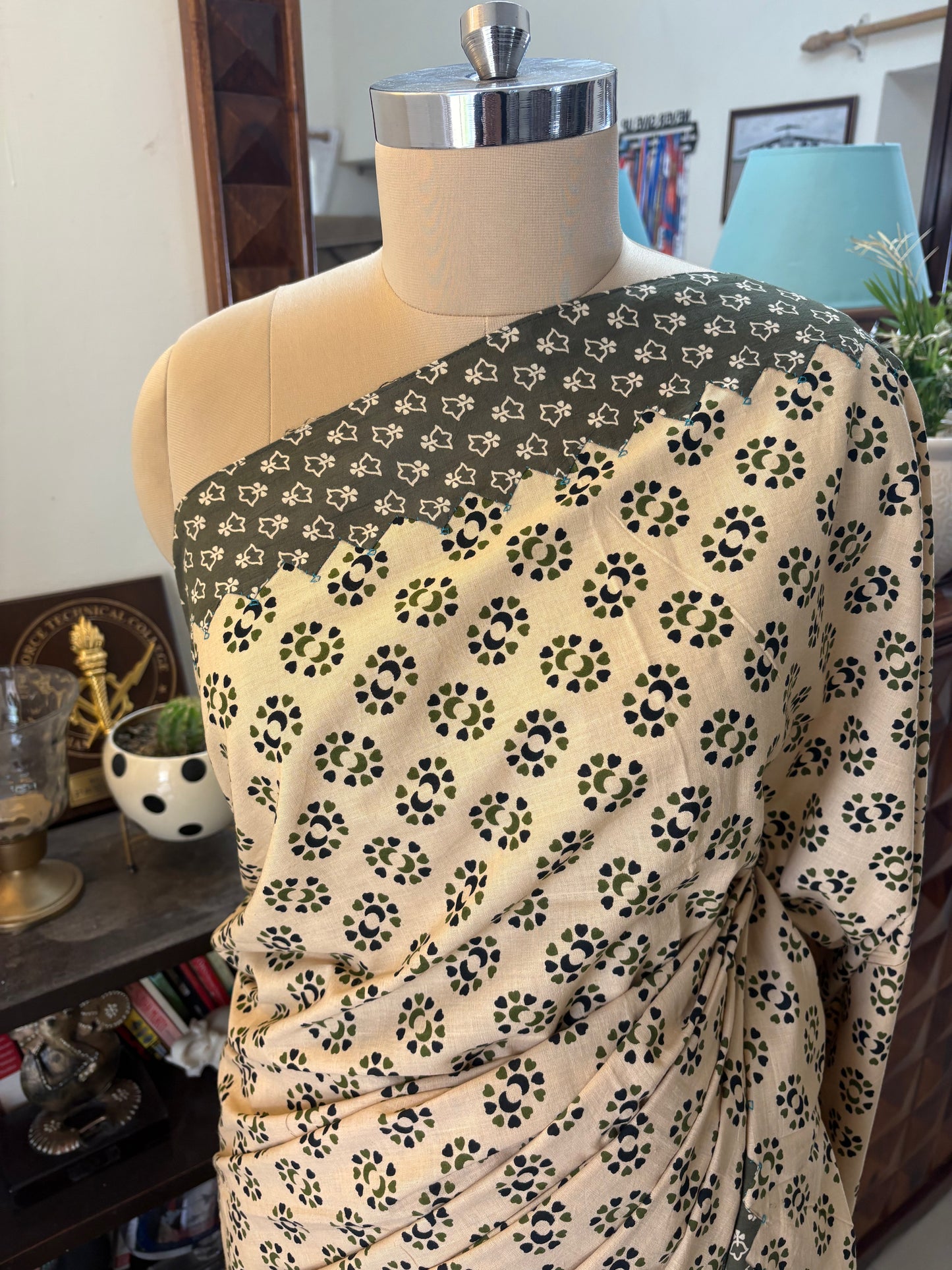 Ajrakh handblock printed patchwork cotton saree