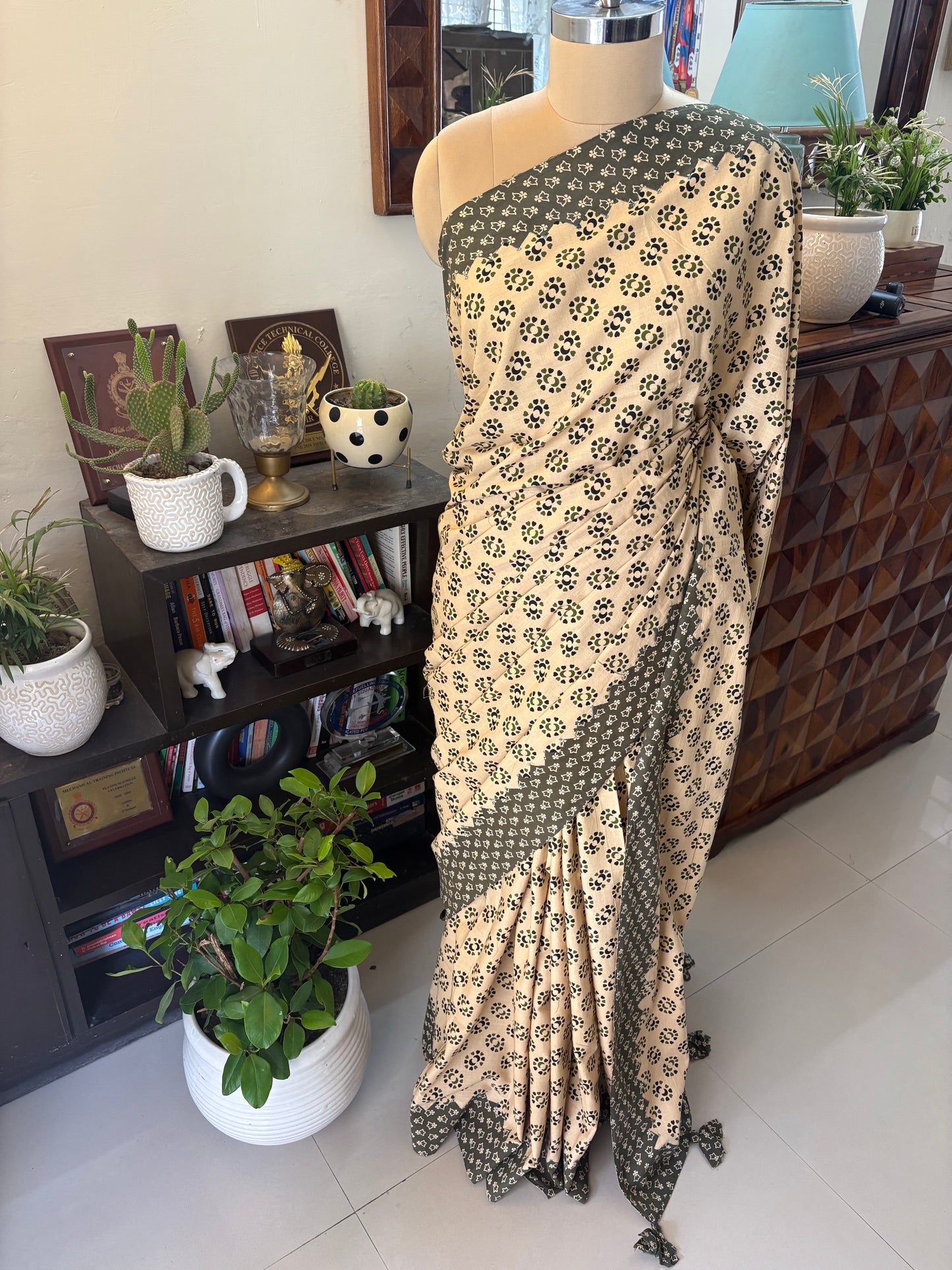 Ajrakh handblock printed patchwork cotton saree