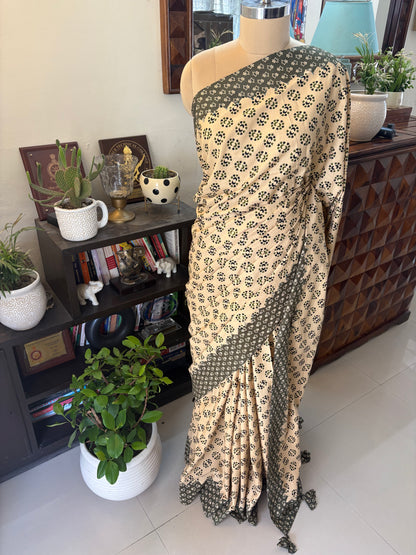 Ajrakh handblock printed patchwork cotton saree