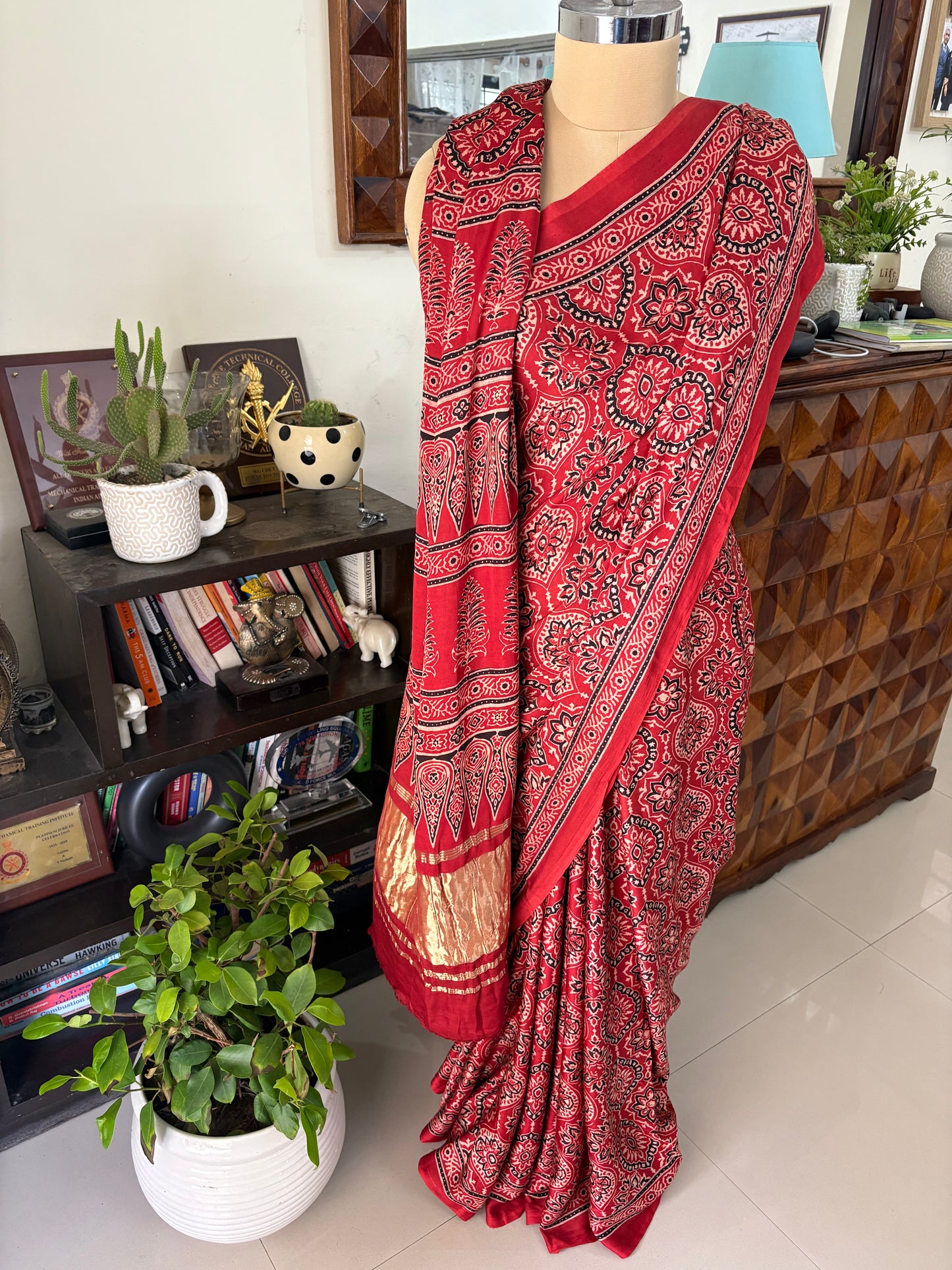Ajrakh Handblock printed Modal silk saree with lagdi pallu