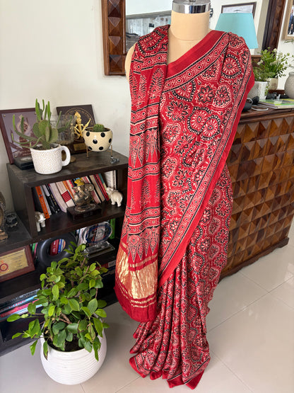 Ajrakh Handblock printed Modal silk saree with lagdi pallu