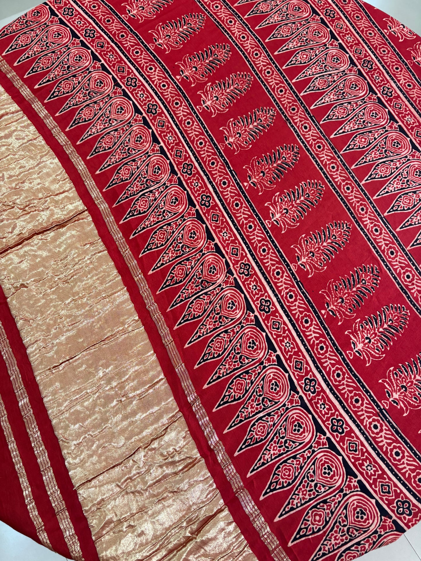 Ajrakh Handblock printed Modal silk saree with lagdi pallu