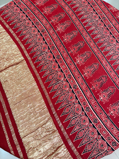 Ajrakh Handblock printed Modal silk saree with lagdi pallu