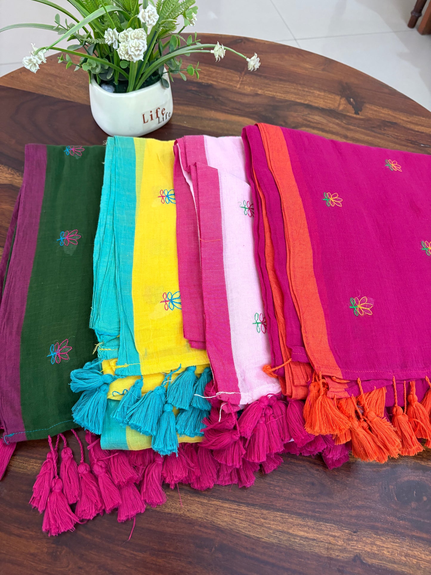 Mul mul cotton embroidery saree with tazzles - without blouse