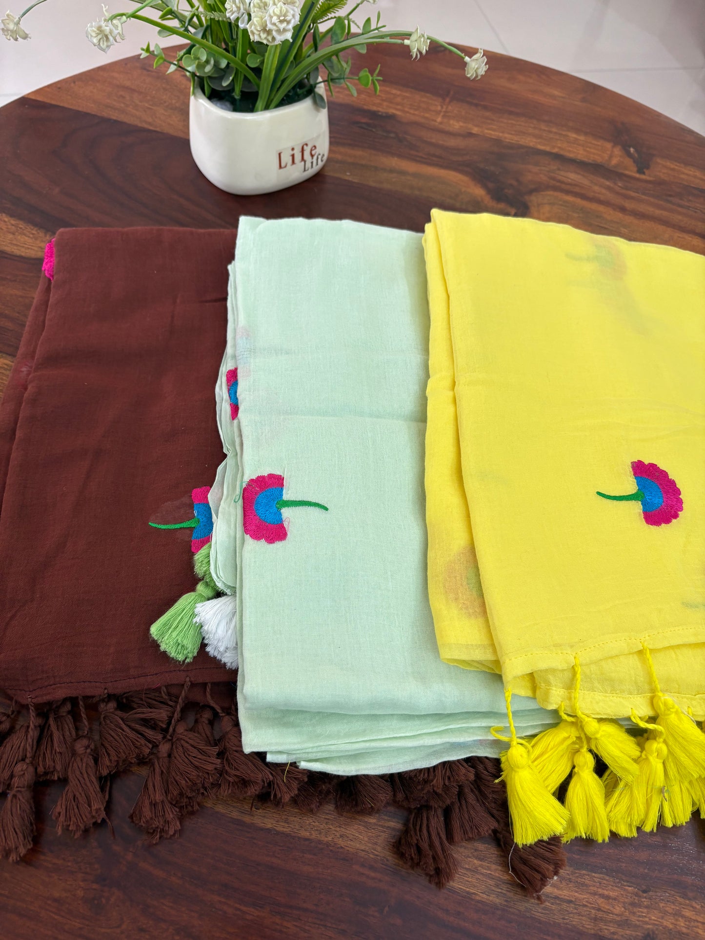 Mul mul cotton embroidery sarees with tazzles- without blouse