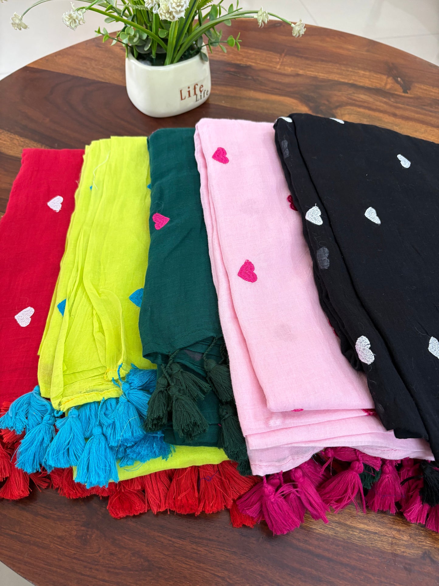 Mul mul cotton saree with heart shape embroidery with tazzles - without blouse