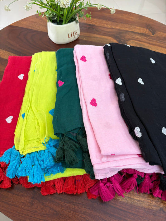 Mul mul cotton saree with heart shape embroidery with tazzles - without blouse
