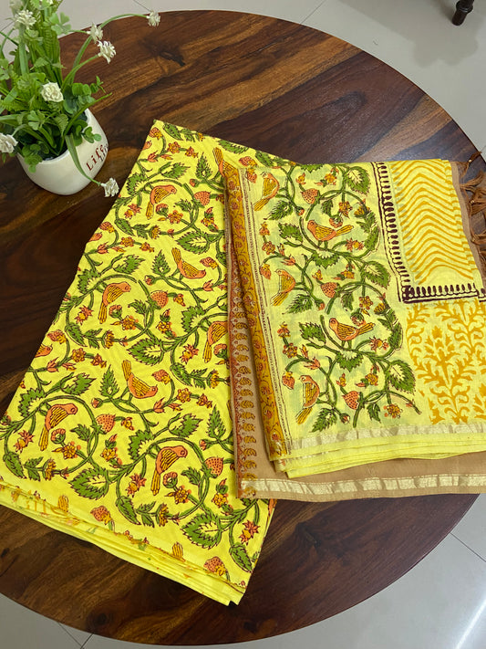 Hand block printed cotton suit set with Chanderi dupatta