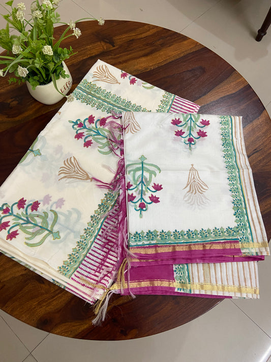 Hand block printed cotton top and dupatta with hand block printed Chanderi dupatta