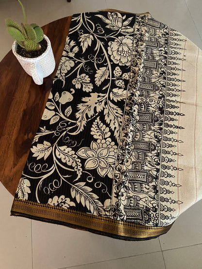 Pen Kalamkari black and cream pattern on Bangalore silk dupatta