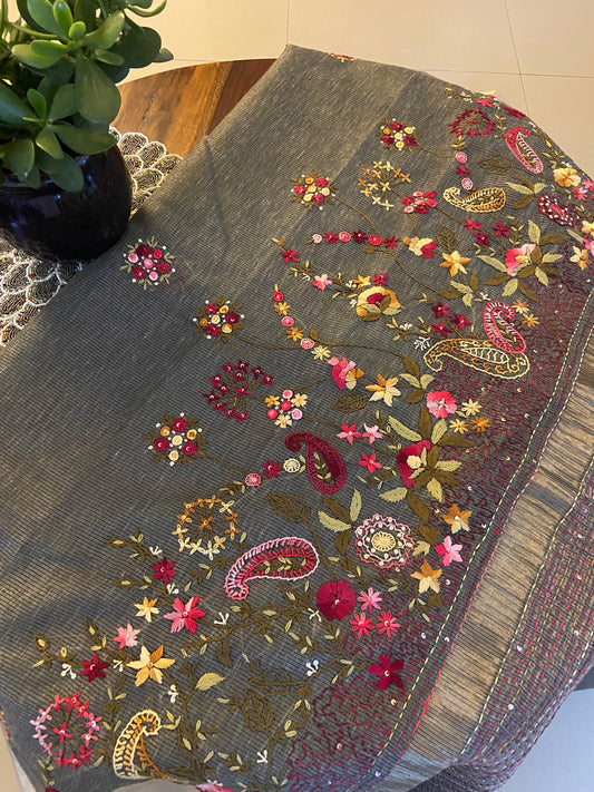 Hand Embroidery on Linen Tissue Silk saree