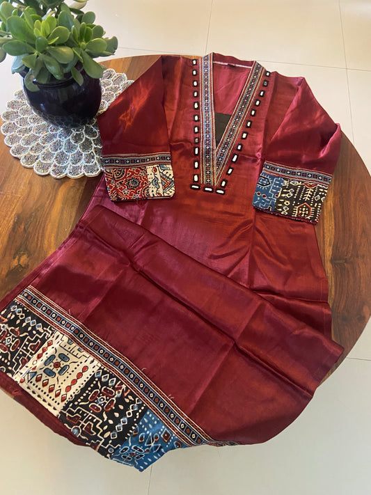 Ajrakh mashru silk hand mirror work Kurti