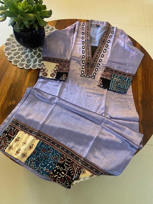 Ajrakh Mashru silk hand mirror work Kurti